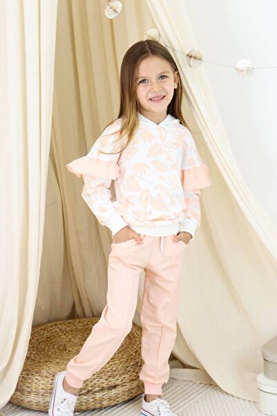 Yalçınoğlu Kids Girl's Hooded Piece Tracksuit Set Pink Patterned Bottom Top S...