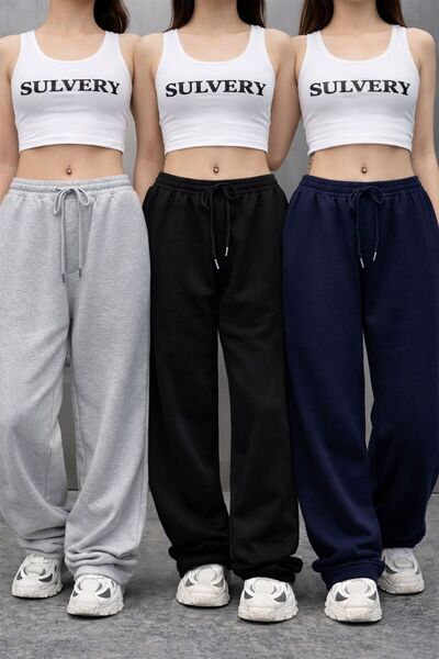 SULVERY ÜÇ ADET SİYAH GRİ LACİVERT RAHAT KALIP BAGGY EŞOFMAN ALTI