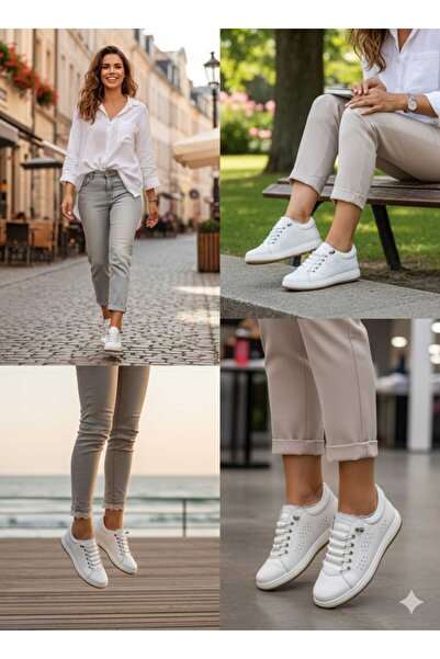 Henne Women's Full Orthopedic Genuine Leather Sneakers Rubber Laced White