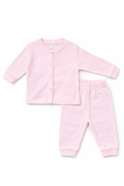 Superbaby Set bebelusi 2 piese bumbac rib – Bluza cu capse si pantaloni, culoare roz