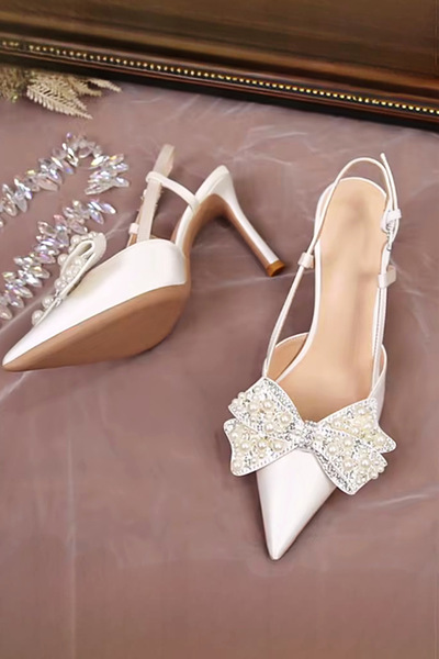 Modavien Women's 7 cm Pearl Bow Bridal Shoes (Full Fitting)
