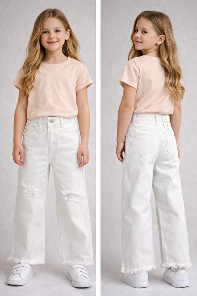 NOBLEKIDS Wide Leg Denim Trousers Ecru – Adjustable Waist, Girls, 5–8 Years