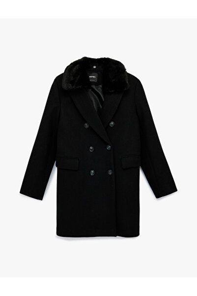 Koton Uzun Kollu Çıkarılabilir Suni Kürk Yakalı Kruvaze Kaşe Kaban