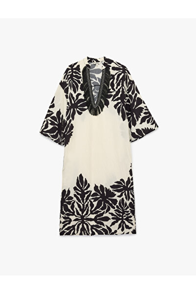 Koton Long Sleeve Floral Patterned Tassel Detailed V-Neck Long Viscose Tunic