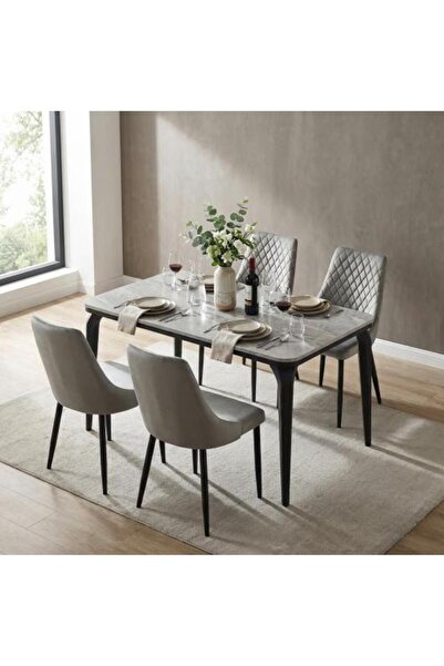 BAITY 2 Marble Alternative Dining Table with 4 Velvet Chairs - Gray