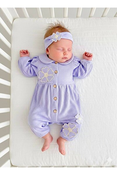 Minidefs Daisell Embroidered K Ribbed Knit 100% Cotton Jumpsuit and Bandana Set