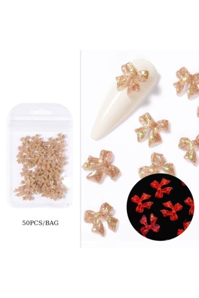 Pink Nails Σετ 3D χρυσών γκλίτερ φιόγκων που λάμπουν στο σκοτάδι