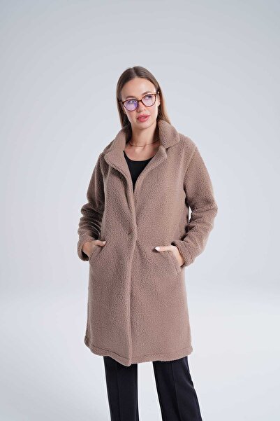 EtkiModa Women's Mink Mono Collar Unlined Fleece Coat