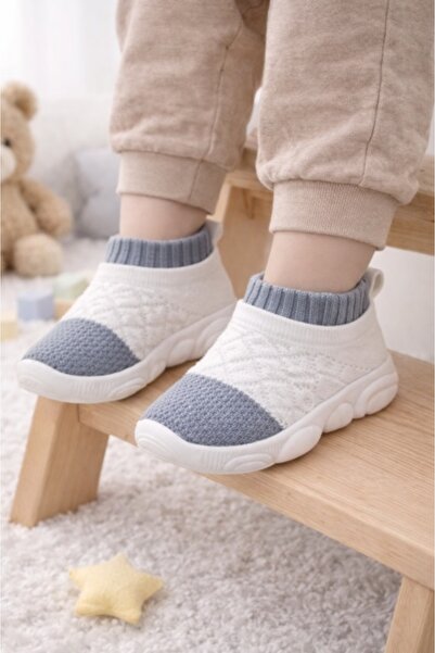 Superbaby Mocasini albi cu gri cu talpa antiderapanta