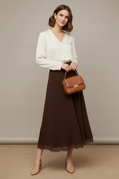 Puane Women's Long Skirt with Lace Trim and Angled Opening – 18288Etk - Dark ...