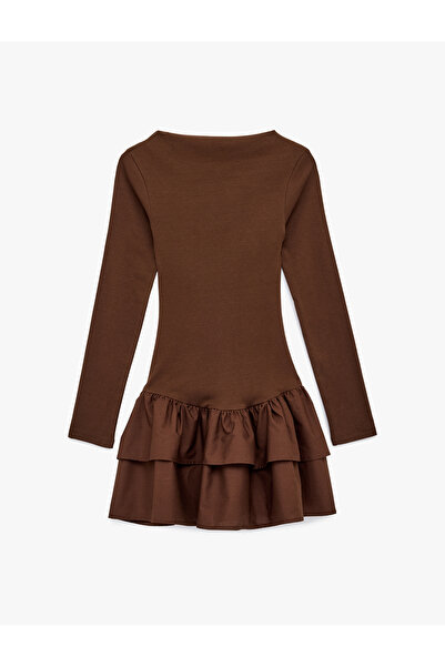 Koton Slim Fit Uzun Kollu Bisiklet Yaka Katlı Volanlı Mini Elbise