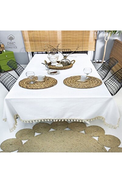 DNC home tekstil Premium Linen White Raw Pompom Tablecloth