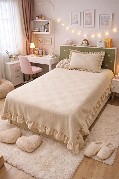 Pedimu Ruffle Detailed Knitted Pique Single Bedspread + Pillowcase (160×200 c...