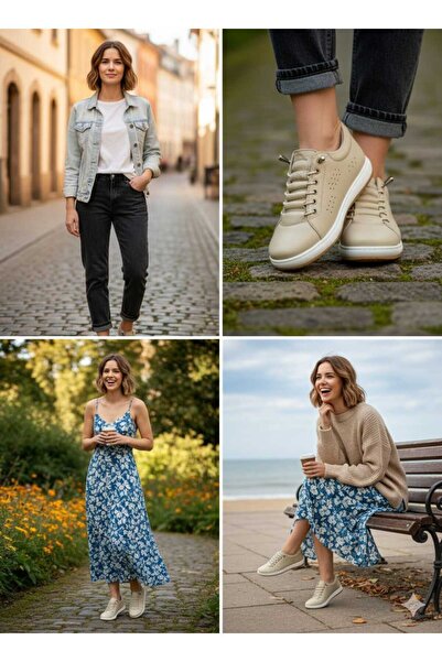 Henne Women's Full Orthopedic Genuine Leather Sneakers Rubber Laced Beige