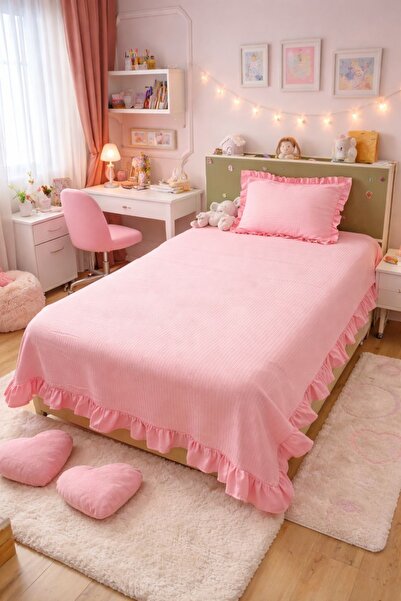 Pedimu Ruffle Detailed Knitted Pique Single Bedspread + Pillowcase (160×200 c...