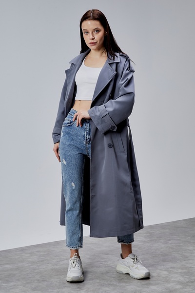 Bolivente Anthracite Oversized Double-Breasted Trench Coat with Closure Windb...