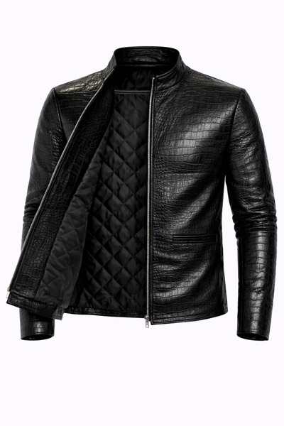 Generic Men's Black Leather Crocodile Embossed 100% Cowhide Leather Jacket