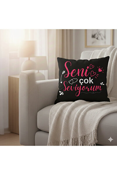 Piloji Seni Seviyorum Yazılı Dekoratif Kırlent Yastık 35x50 cm Dijital Baskıl...