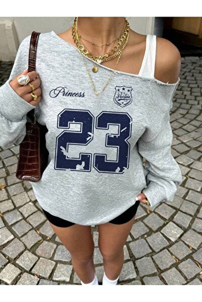 OVER HEAD Kadın Princess 23 Baskılı Kayık Yaka Oversize Sweatshirt