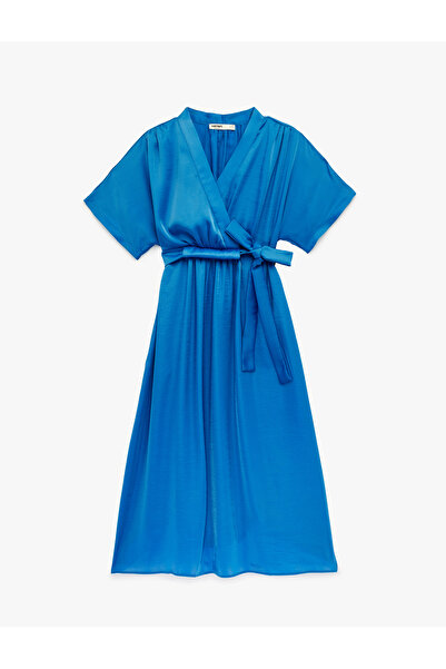 Koton Short Sleeve V-Neck Midi Double-Breasted Satin Dress with Sash Detail