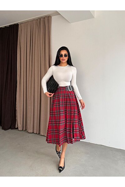 Bak'ap Premium Trend Slit Plaid Maxi Skirt with Belt Detail