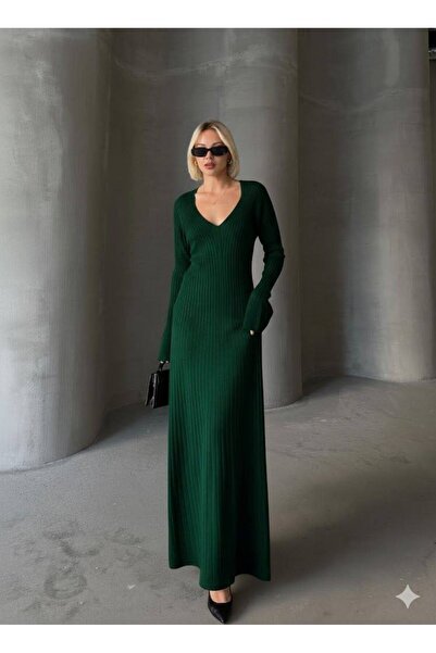 TrendParis V-Neck Long Sleeve Corded Fabric Knitwear Dress