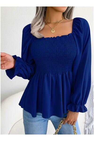 byasafkids Women's Long Sleeve Geometric Neckline Gipe Detailed Crepe Blouse