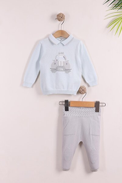 kidello Blue Baby Boy Polo Neck Car Pattern Knitwear Set 0-3, 3-6, 6-9 Months