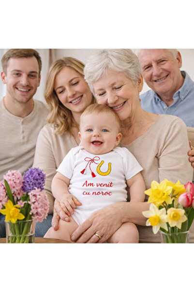 OEM White baby bodysuit by Martisor "I came with luck", unisex model, TIPO-ART