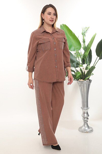 JERFİ Women's Plus Size Stone Printed Double Color Denim Set