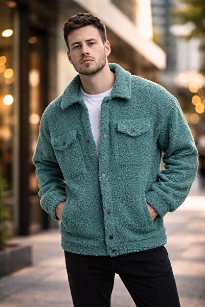 Polo State Men's Oversized Plush Sherpa Jacket with Fleece Inside Petrol