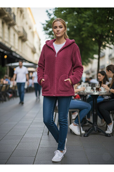 ticimark Unisex Siyah Peluş Yumuşak Önü Fermuarlı Kapüşonlu Peluş Hırka