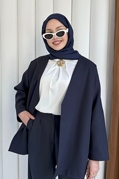 Modaensarbutik Yakasız Kemer Detaylı Ceket-LACİVERT