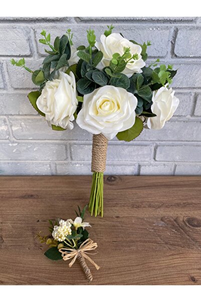 Neşeli Atölyem Bridal Hand Bouquet Cream Rose Green Eucalyptus Bride Hand Bou...