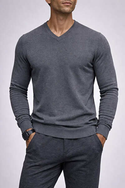 COMBİNE MİCHAİL Erkek Uzun Kol Bol V Yaka Füme Triko Kazak