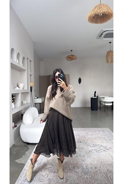 Buket Teke Brown Patterned Asymmetrical Kiloş Premium Skirt