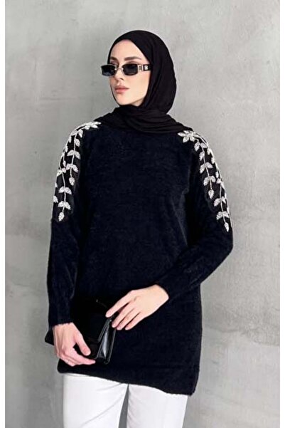 Butik OMZU VE KOLLARI BONCUK İŞLEMELİ ANGORA TUNİK