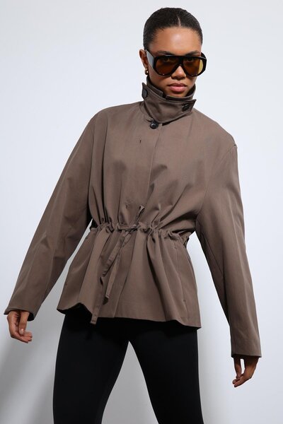Antioch Short Trench Coat with Adjustable Waist in Brown