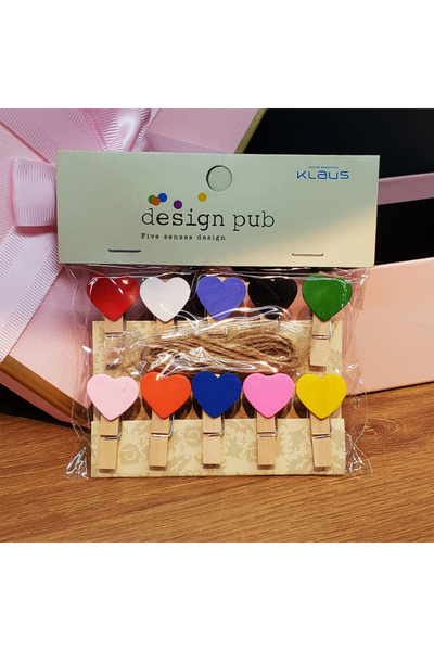 Store Kalp Figürlü İpli Notluk 10’lu Mandal | Fotoğraf Askısı, Not Panosu Dek...