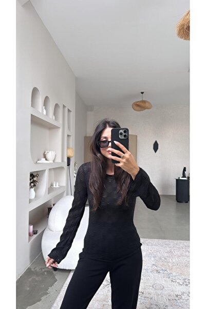 Buket Teke Black Oyster Patterned Transparent Blouse