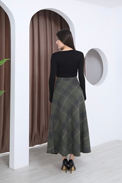 LİBERTODONNA Kadın Ekose Desenli Kışlık Kaşe Etek - Yüksek Bel Kloş Kesim Uzu...