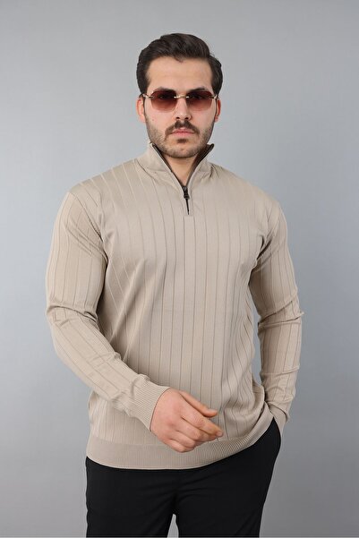 masso Men's Mock Neck Long Sleeve Half Zipper Self Patterned Knitwear