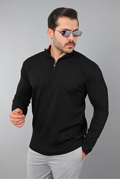 masso Men's Long Sleeve Mock Neck Piped Half Zipper Self Patterned Knitwear