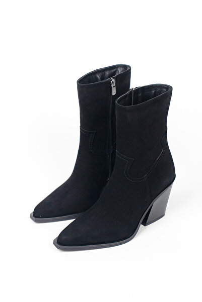 RABU Black Women's Genuine Leather Suede Thick Heeled Cowboy Boots-Western