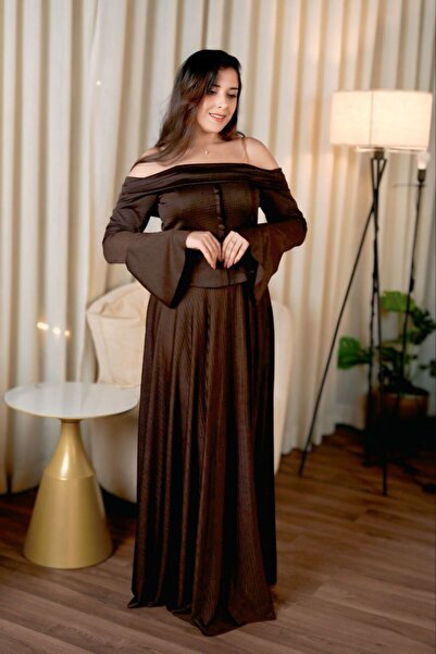 Liva Off-the-Shoulder brown evening dress