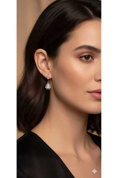 Nefertiti 925 Ayar Gümüş Rose Kaplama Elmas Montür Damla Taşlı Küpe Montür