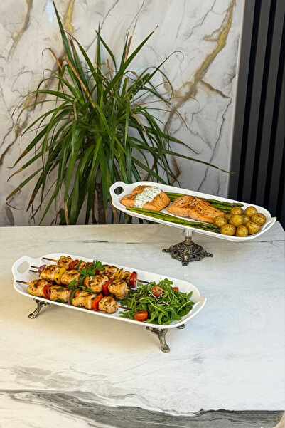 MAY HOME Ayaklı Porselen Kayık Sunum Tabağı & Kulplu Yemek Servisliği Antik