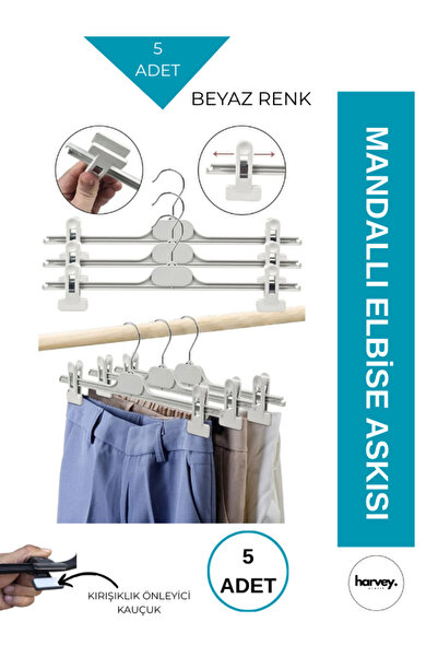 Harvey 5 Adet Mandallı Askılık Em-38/ 38cm Genişlik (elbise Askısı/ Etek Askı...