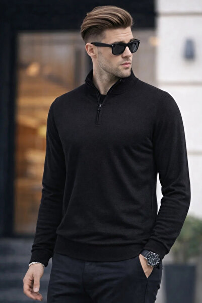 COMBİNE MİCHAİL Men's Half Zipper Casual Black Knit Sweater