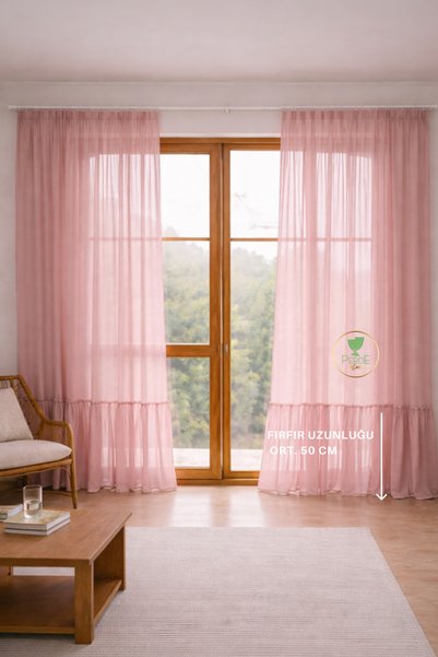 perde plus Keten Pembe Tül Perde Eteği Fırfırlı Tasarım